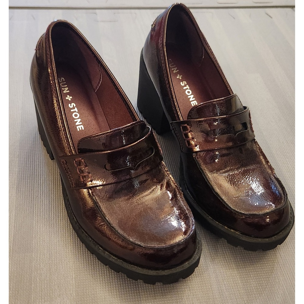 Sun + Stone Maydee Burgundy Patent Chunky Block Heel Penny Loafers Lug Sole 6.5M - Picture 1 of 8